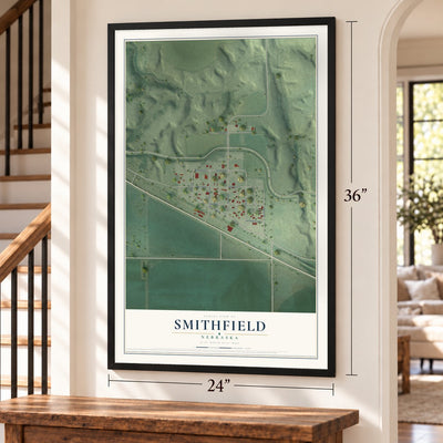 Smithfield, Nebraska map, 24 x 36 inch print in a black frame by a staircase