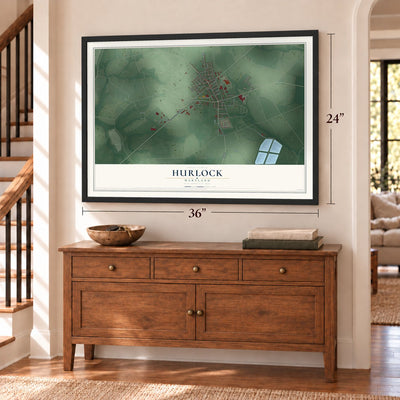 Hurlock, Maryland map, 24 x 36 inch print in a black frame above a dresser by a staircase