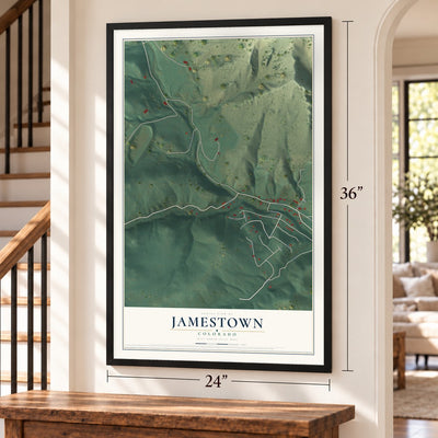 Jamestown, Colorado map, 24 x 36 inch print in a black frame by a staircase