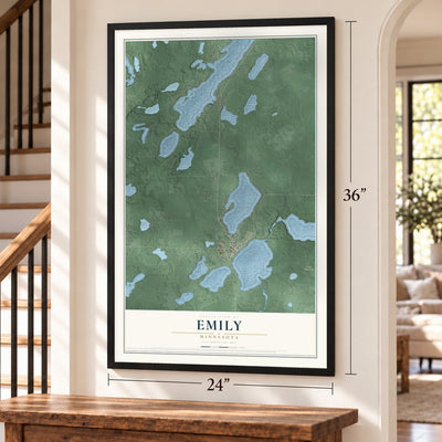 Emily, Minnesota map, 24 x 36 inch print in a black frame by a staircase