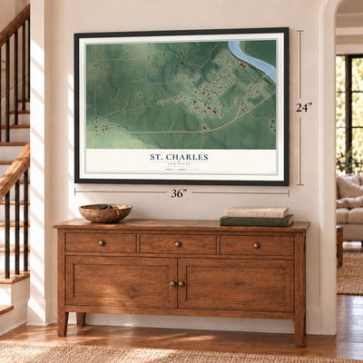 St. Charles, Arkansas map, 24 x 36 inch print in a black frame above a dresser by a staircase