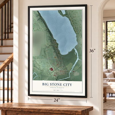 Big Stone City, South Dakota map, 24 x 36 inch print in a black frame by a staircase