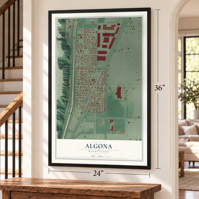 Algona, Washington map, 24 x 36 inch print in a black frame by a staircase