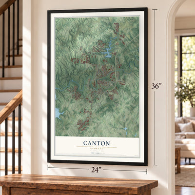 Canton, Georgia map, 24 x 36 inch print in a black frame by a staircase