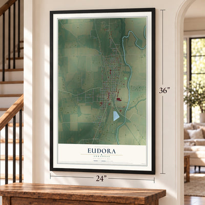 Eudora, Arkansas map, 24 x 36 inch print in a black frame by a staircase