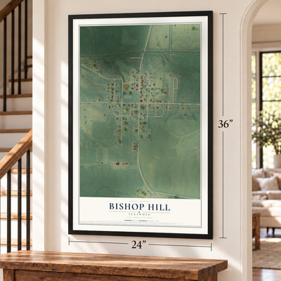 Bishop Hill, Illinois map, 24 x 36 inch print in a black frame by a staircase