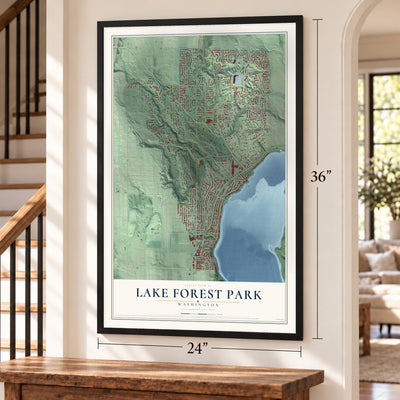 Lake Forest Park, Washington map, 24 x 36 inch print in a black frame by a staircase