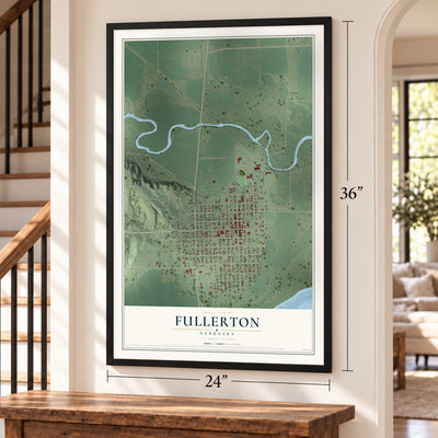 Fullerton, Nebraska map, 24 x 36 inch print in a black frame by a staircase