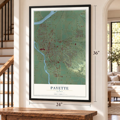 Payette, Idaho map, 24 x 36 inch print in a black frame by a staircase
