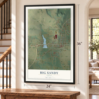 Big Sandy, Texas map, 24 x 36 inch print in a black frame by a staircase