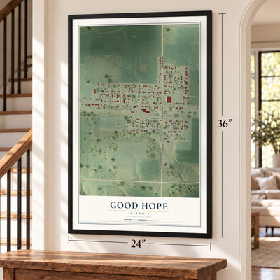 Good Hope, Illinois map, 24 x 36 inch print in a black frame by a staircase