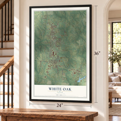 White Oak, Texas map, 24 x 36 inch print in a black frame by a staircase