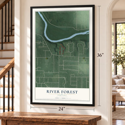 River Forest, Indiana map, 24 x 36 inch print in a black frame by a staircase