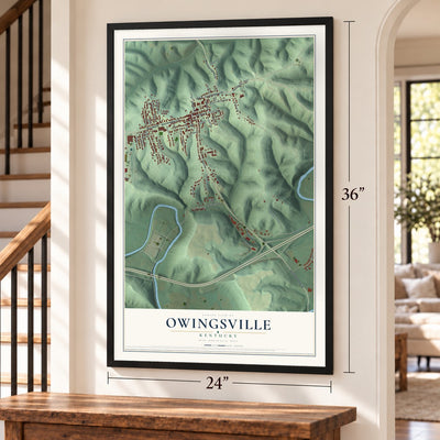 Owingsville, Kentucky map, 24 x 36 inch print in a black frame by a staircase