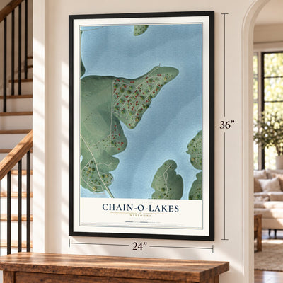 Chain-O-Lakes, Missouri map, 24 x 36 inch print in a black frame by a staircase