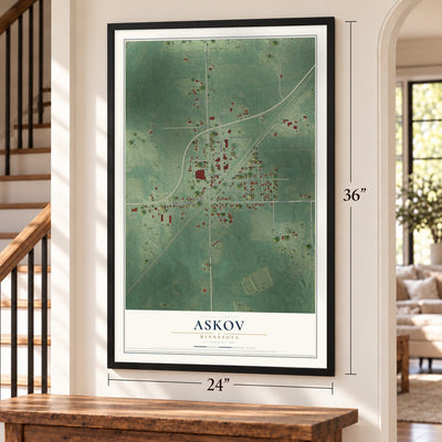 Askov, Minnesota map, 24 x 36 inch print in a black frame by a staircase