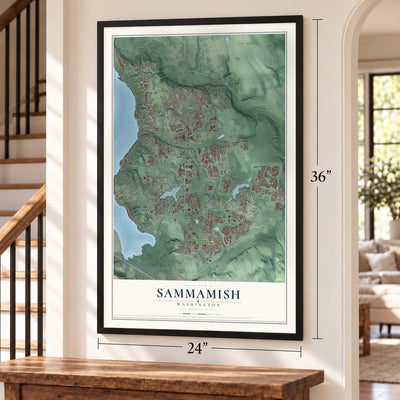 Sammamish, Washington map, 24 x 36 inch print in a black frame by a staircase