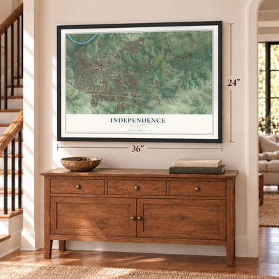 Independence, Missouri map, 24 x 36 inch print in a black frame above a dresser by a staircase