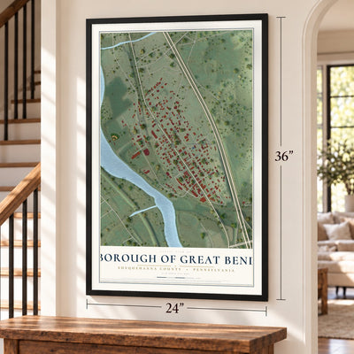 Borough of Great Bend, Susquehanna County, Pennsylvania map, 24 x 36 inch print in a black frame by a staircase