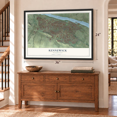 Kennewick, Washington map, 24 x 36 inch print in a black frame above a dresser by a staircase