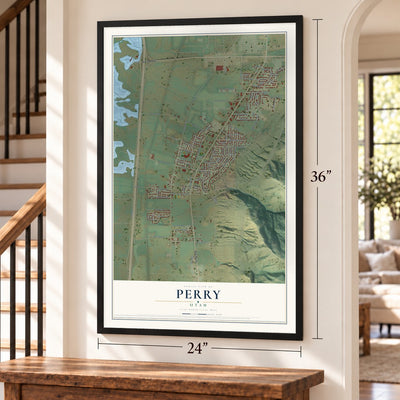 Perry, Utah map, 24 x 36 inch print in a black frame by a staircase