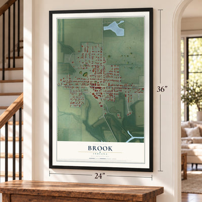 Brook, Indiana map, 24 x 36 inch print in a black frame by a staircase
