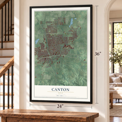Canton, Ohio map, 24 x 36 inch print in a black frame by a staircase