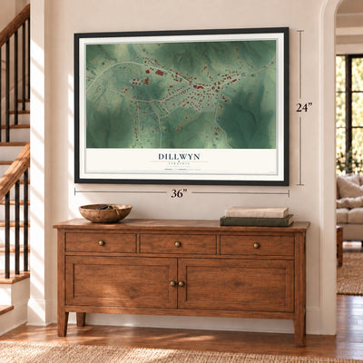 Dillwyn, Virginia map, 24 x 36 inch print in a black frame above a dresser by a staircase