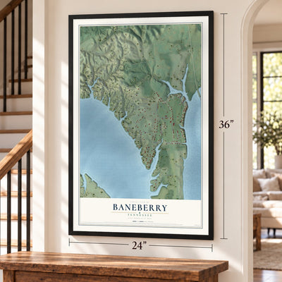 Baneberry, Tennessee map, 24 x 36 inch print in a black frame by a staircase