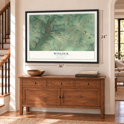 Winlock, Washington map, 24 x 36 inch print in a black frame above a dresser by a staircase