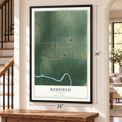 Redfield, Kansas map, 24 x 36 inch print in a black frame by a staircase