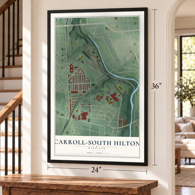 Carroll-South Hilton, Maryland map, 24 x 36 inch print in a black frame by a staircase
