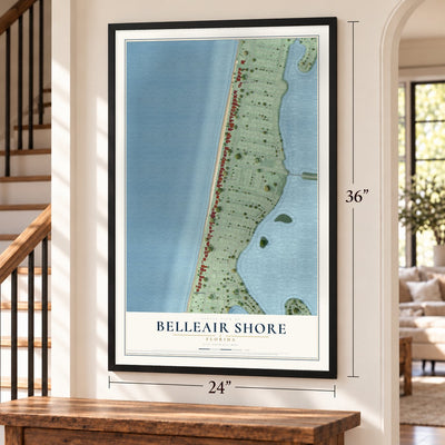 Belleair Shore, Florida map, 24 x 36 inch print in a black frame by a staircase