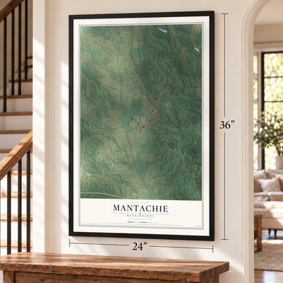 Mantachie, Mississippi map, 24 x 36 inch print in a black frame by a staircase