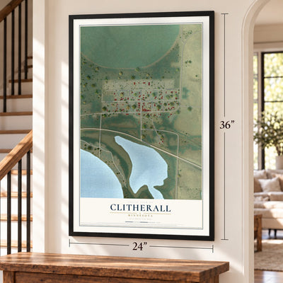 Clitherall, Minnesota map, 24 x 36 inch print in a black frame by a staircase
