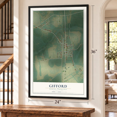 Gifford, South Carolina map, 24 x 36 inch print in a black frame by a staircase