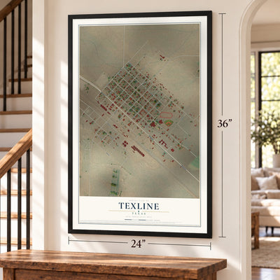 Texline, Texas map, 24 x 36 inch print in a black frame by a staircase