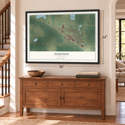 Fosston, Minnesota map, 24 x 36 inch print in a black frame above a dresser by a staircase