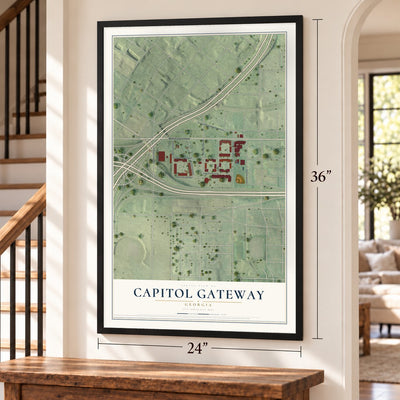 Capitol Gateway, Georgia map, 24 x 36 inch print in a black frame by a staircase