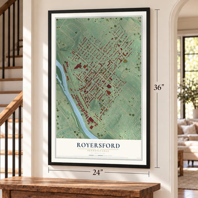 Royersford, Pennsylvania map, 24 x 36 inch print in a black frame by a staircase