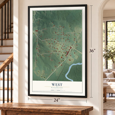 West, Mississippi map, 24 x 36 inch print in a black frame by a staircase