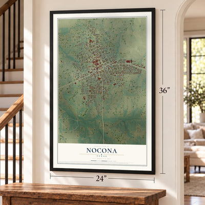 Nocona, Texas map, 24 x 36 inch print in a black frame by a staircase
