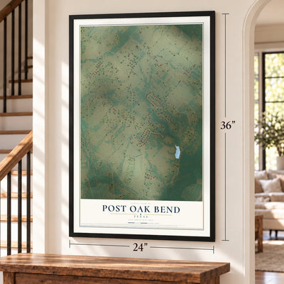 Post Oak Bend, Texas map, 24 x 36 inch print in a black frame by a staircase