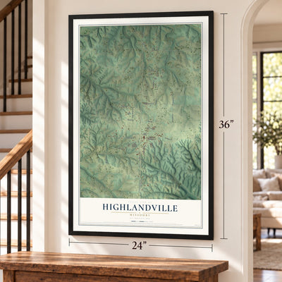 Highlandville, Missouri map, 24 x 36 inch print in a black frame by a staircase