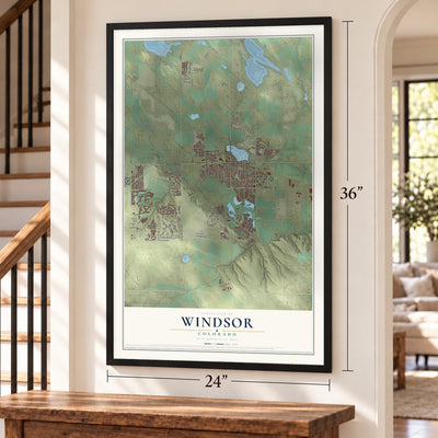 Windsor, Colorado map, 24 x 36 inch print in a black frame by a staircase