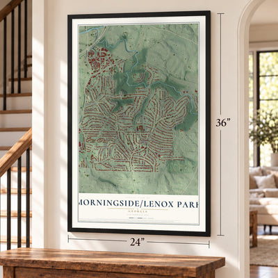 Morningside-Lenox Park, Georgia map, 24 x 36 inch print in a black frame by a staircase