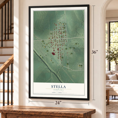 Stella, Nebraska map, 24 x 36 inch print in a black frame by a staircase
