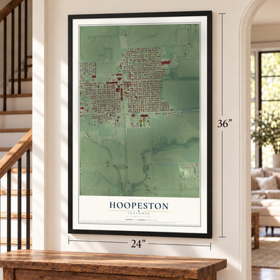 Hoopeston, Illinois map, 24 x 36 inch print in a black frame by a staircase