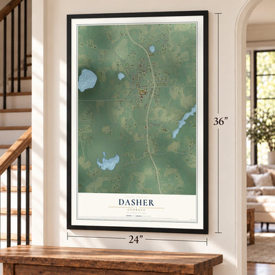Dasher, Georgia map, 24 x 36 inch print in a black frame by a staircase