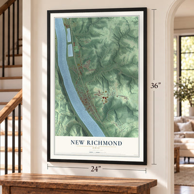 New Richmond, Ohio map, 24 x 36 inch print in a black frame by a staircase